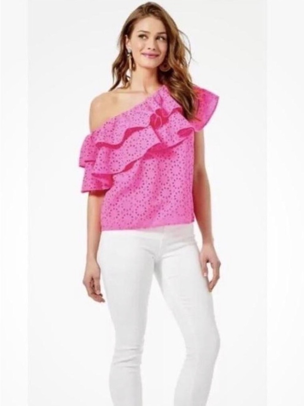 Lilly Pulitzer Trixie Eyelet Ruffle Top Bright Pink Berry NEW $138 Sz XXS